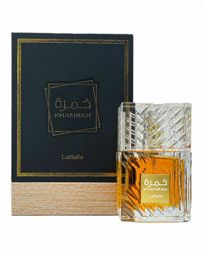 Khamrah Eau de Parfum de Lattafa – frasco con caja