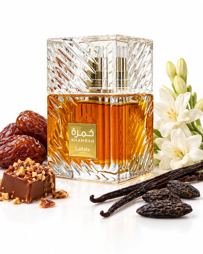 Khamrah Eau de Parfum de Lattafa – frasco con sus notas: dátiles, praliné, tuberosa