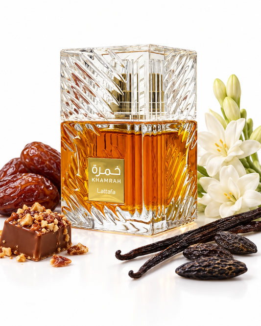 Khamrah Eau de Parfum de Lattafa – frasco con sus notas: dátiles, praliné, tuberosa