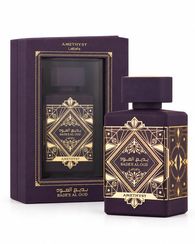 Badee Al Oud Amethyst Eau de Parfum de Lattafa – frasco con caja