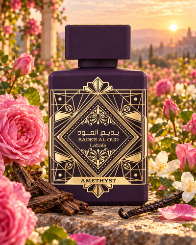 Badee Al Oud Amethyst Eau de Parfum de Lattafa – paisaje inspirado en sus notas