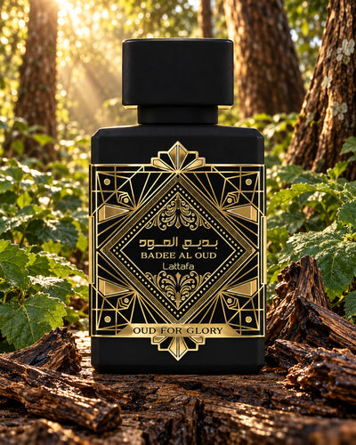 Badee Al Oud For Glory Eau de Parfum de Lattafa – paisaje inspirado en sus notas