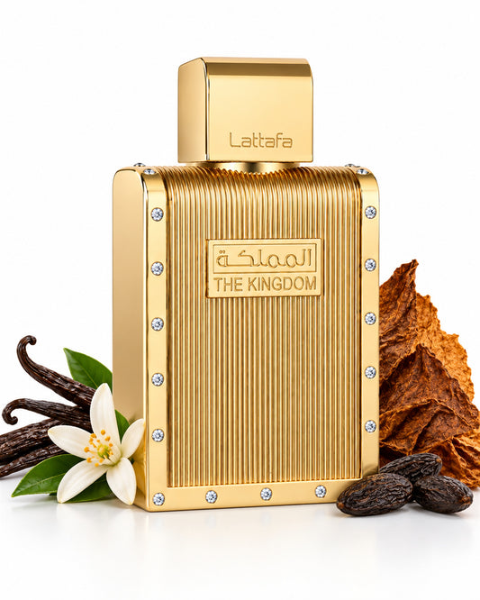 The Kingdom Men Eau de Parfum de Lattafa – frasco con sus notas: vainilla, tabaco, flor de azahar