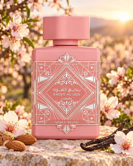 Badee Al Oud Noble Blush Eau de Parfum de Lattafa – paisaje inspirado en sus notas
