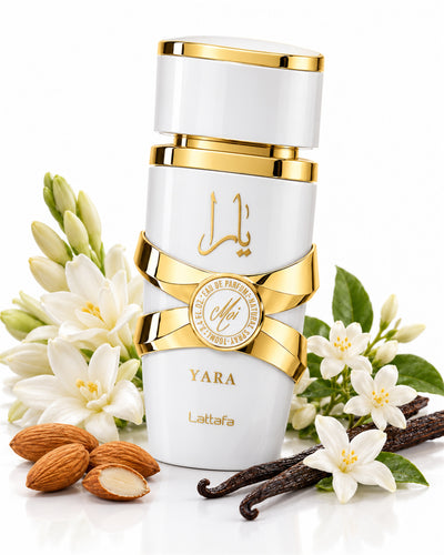 Yara Moi Eau de Parfum de Lattafa – frasco con sus notas: tuberosa, jazmín, almendra