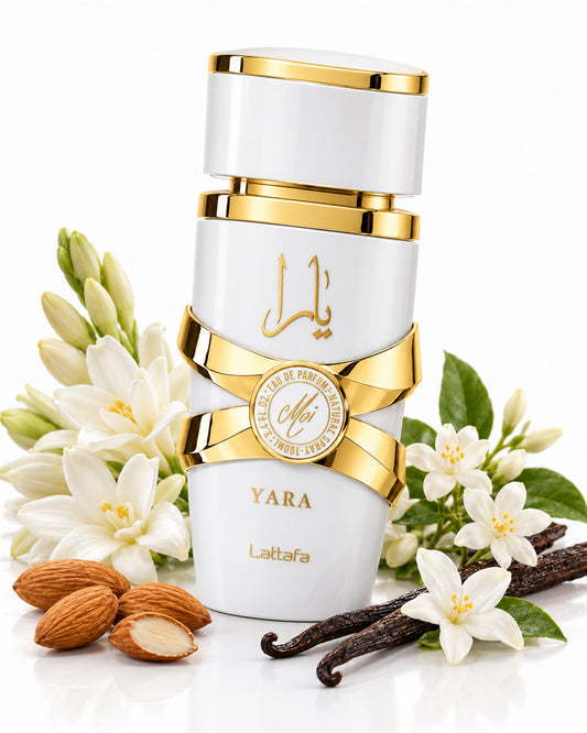 Yara Moi Eau de Parfum de Lattafa – frasco con sus notas: tuberosa, jazmín, almendra