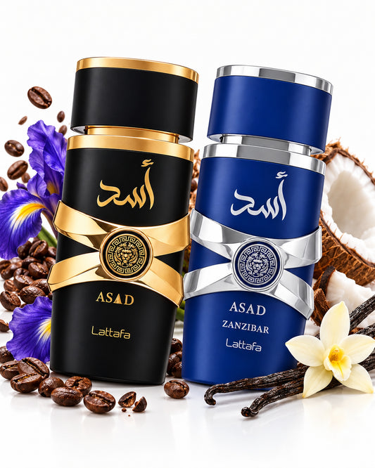 Asad 5th Anniversary Eau de Parfum de Lattafa – frasco con sus notas: pachulí, café, iris