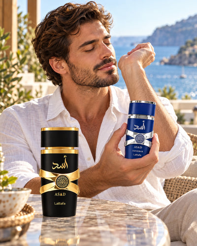 Asad 5th Anniversary Eau de Parfum de Lattafa – modelo con el perfume