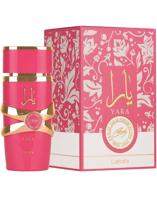 Yara Candy Eau de Parfum de Lattafa – frasco con caja