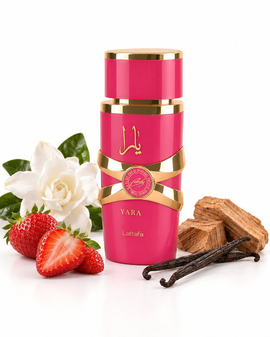 Yara Candy Eau de Parfum de Lattafa – frasco con sus notas: caramelo efervescente de fresa, gardenia, vainilla
