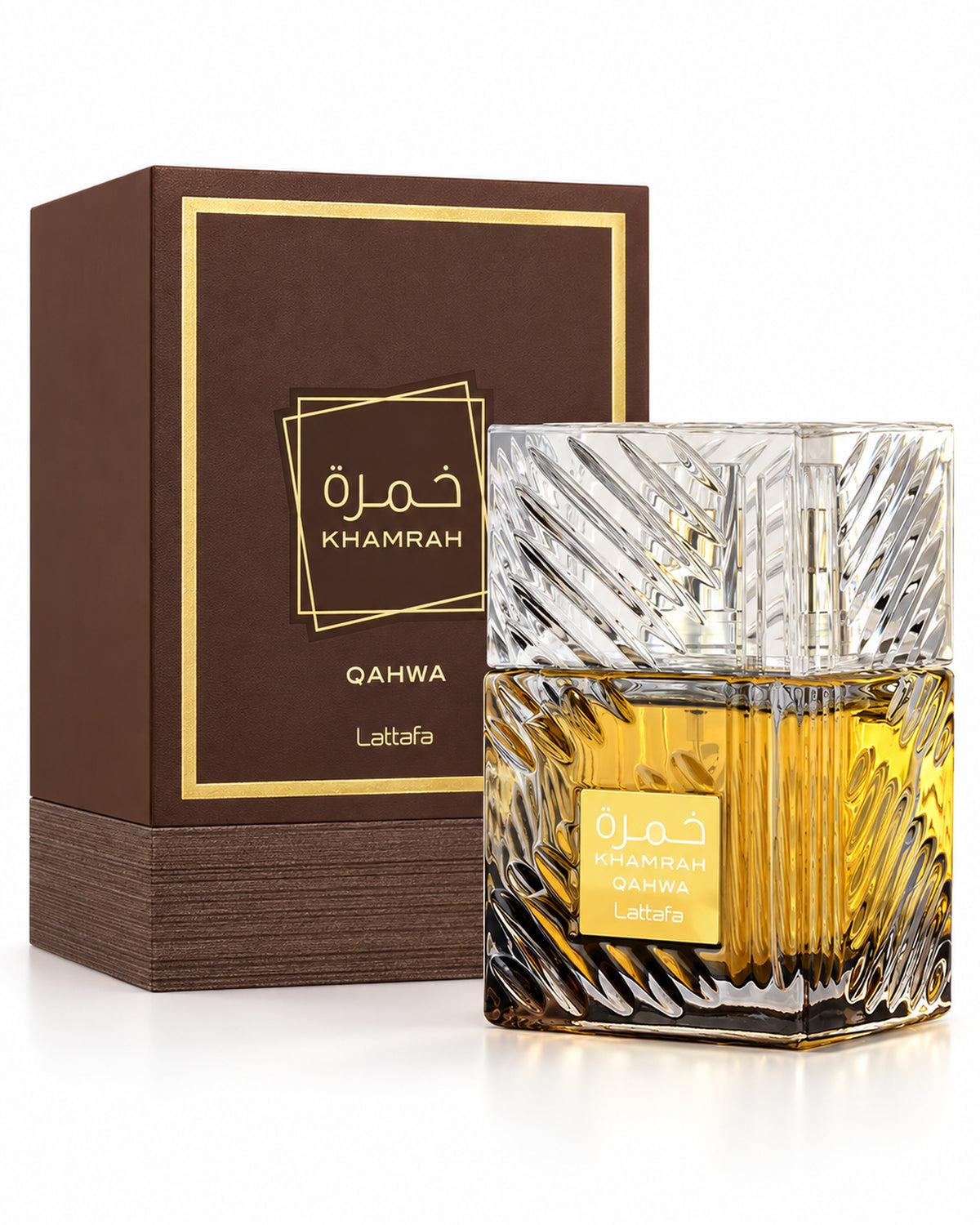 Khamrah Qahwa Eau de Parfum de Lattafa – frasco con caja