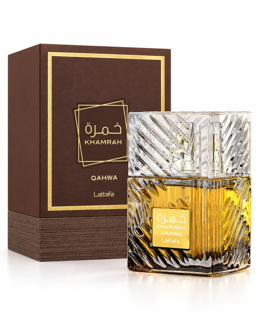 Khamrah Qahwa Eau de Parfum de Lattafa – frasco con caja