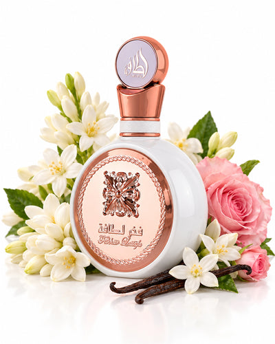 Fakhar Women Eau de Parfum de Lattafa – frasco con sus notas: nardo, jazmín, gardenia