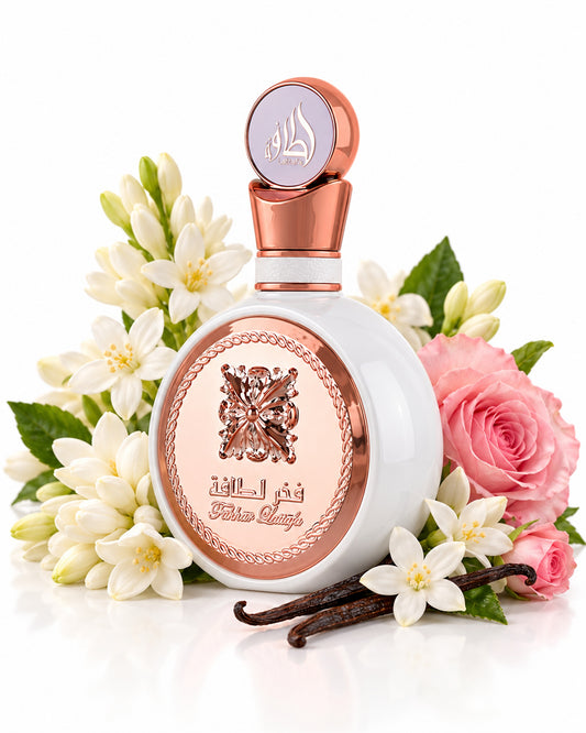 Fakhar Women Eau de Parfum de Lattafa – frasco con sus notas: nardo, jazmín, gardenia