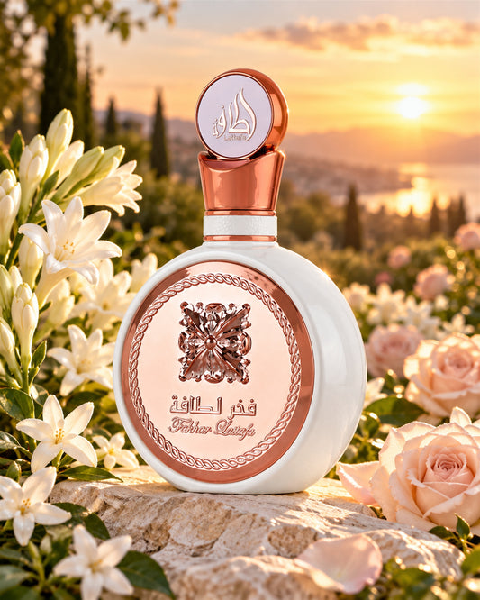 Fakhar Women Eau de Parfum de Lattafa – paisaje inspirado en sus notas