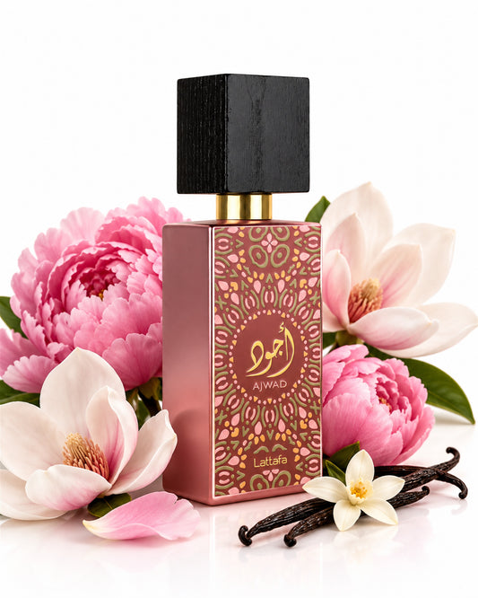 Ajwad Pink To Pink Eau de Parfum de Lattafa – frasco con sus notas: rosa, peonía, magnolia