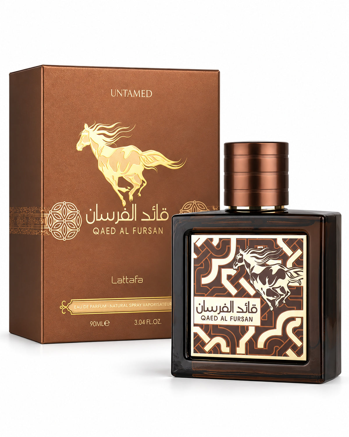 Qaed Al Fursan Untamed Eau de Parfum de Lattafa – frasco con caja