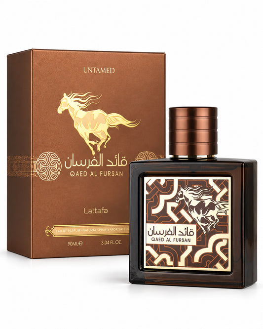 Qaed Al Fursan Untamed Eau de Parfum de Lattafa – frasco con caja