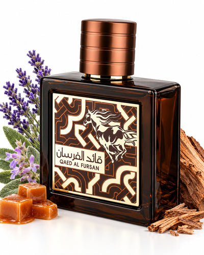 Qaed Al Fursan Untamed Eau de Parfum de Lattafa – frasco con sus notas: caramelo, lavanda, salvia esclarea
