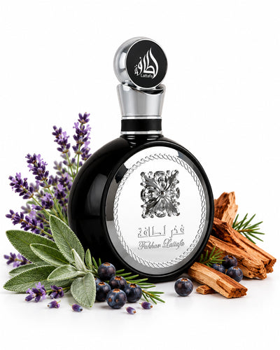 Fakhar Spray Eau de Parfum de Lattafa – frasco con sus notas: lavanda, salvia, bayas de enebro