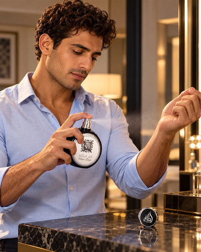 Fakhar Spray Eau de Parfum de Lattafa – modelo con el perfume