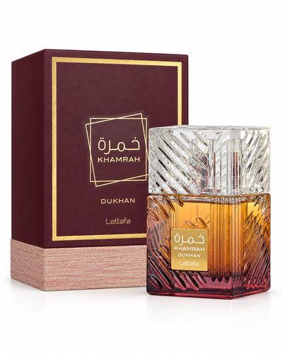 Khamrah Dukhan Eau de Parfum de Lattafa – frasco con caja