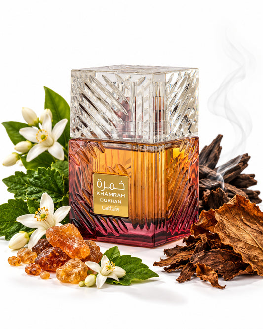 Khamrah Dukhan Eau de Parfum de Lattafa – frasco con sus notas: incienso, ládano, flor de azahar