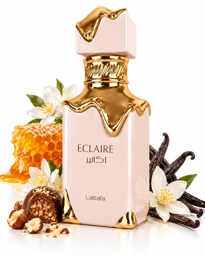 Eclaire Eau de Parfum de Lattafa – frasco con sus notas: miel, flores blancas, vainilla