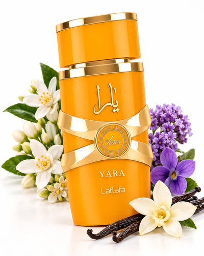 Yara Tous Eau de Parfum de Lattafa – frasco con sus notas: jazmín, flor de azahar, heliotropo