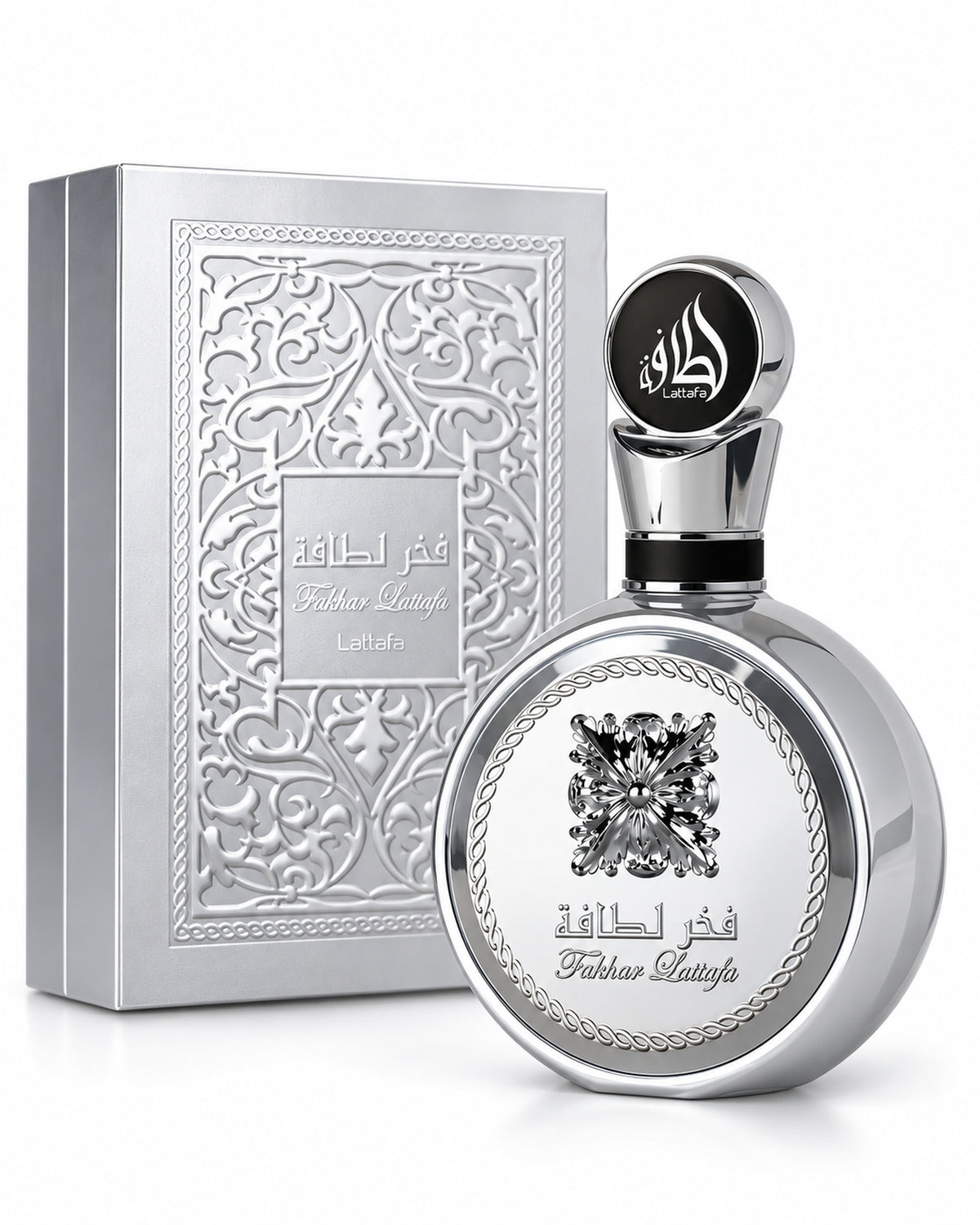 Fakhar Platin Eau de Parfum de Lattafa – frasco con caja