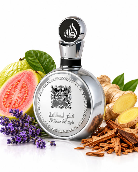 Fakhar Platin Eau de Parfum de Lattafa – frasco con sus notas: guayaba, lavanda, jengibre