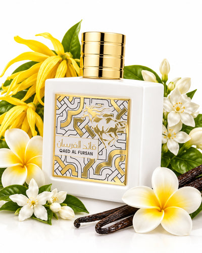 Qaed Al Fursan Unlimited Eau de Parfum de Lattafa – frasco con sus notas: ylang-ylang, frangipani, jazmín