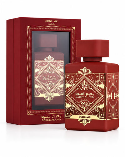 Badee Al Oud Sublime Eau de Parfum de Lattafa – frasco con caja