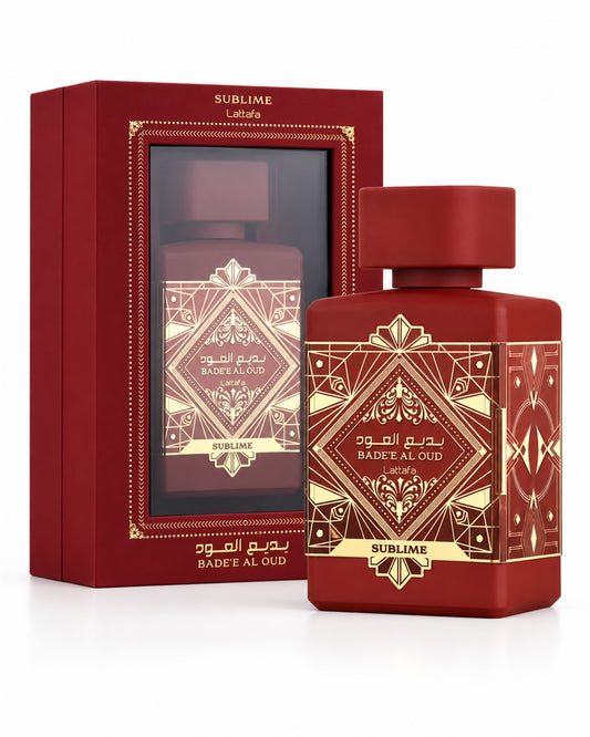 Badee Al Oud Sublime Eau de Parfum de Lattafa – frasco con caja
