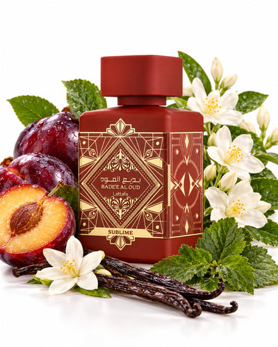 Badee Al Oud Sublime Eau de Parfum de Lattafa – frasco con sus notas: ciruela, jazmín, musgo
