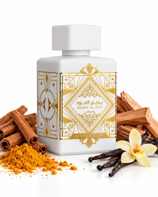 Badee Al Oud Honor & Glory Eau de Parfum de Lattafa – frasco con sus notas: canela, cúrcuma, pimienta negra
