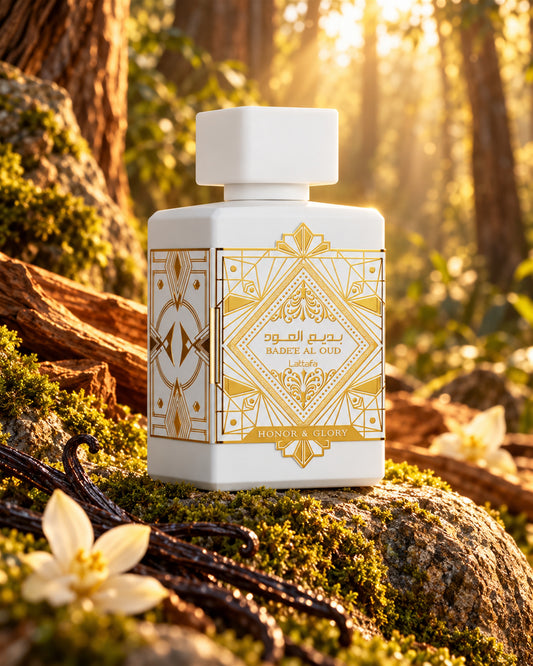 Badee Al Oud Honor & Glory Eau de Parfum de Lattafa – paisaje inspirado en sus notas