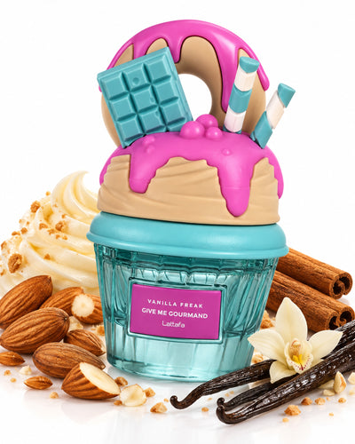 Vanilla Freak Eau de Parfum de Lattafa – frasco con sus notas: azúcar, glaseado, almendra