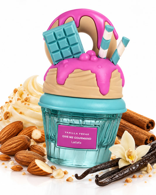 Vanilla Freak Eau de Parfum de Lattafa – frasco con sus notas: azúcar, glaseado, almendra