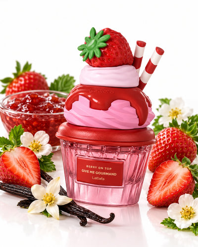 Berry On Top Eau de Parfum de Lattafa – frasco con sus notas: mermelada de fresa, azúcar, flores blancas