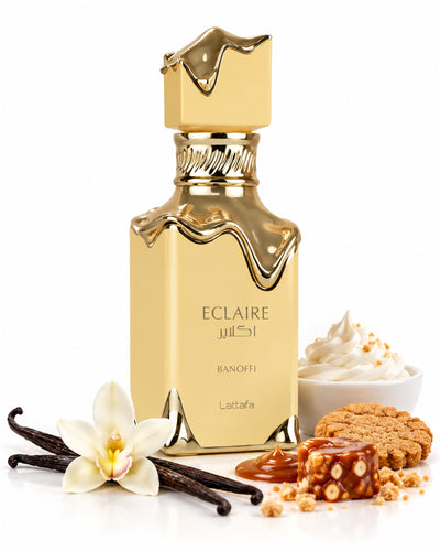 Eclaire Banoffi Eau de Parfum de Lattafa – frasco con sus notas: vainilla, crema batida, galleta