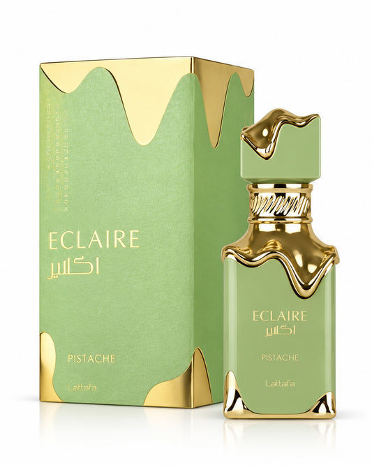Eclaire Pistache Eau de Parfum de Lattafa – frasco con caja