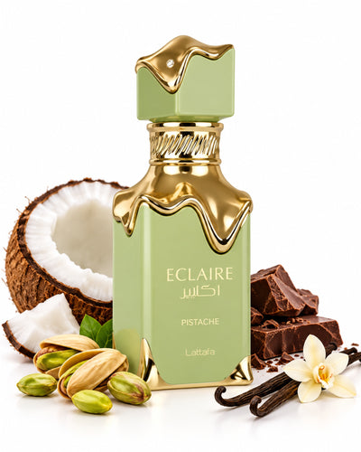 Eclaire Pistache Eau de Parfum de Lattafa – frasco con sus notas: crema batida, cacao, coco