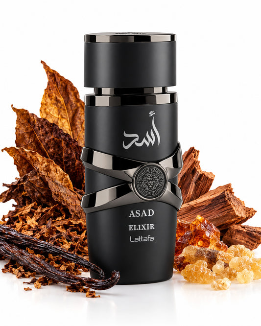 Asad Elixir Eau de Parfum de Lattafa – frasco con sus notas: tabaco, vainilla, cedro
