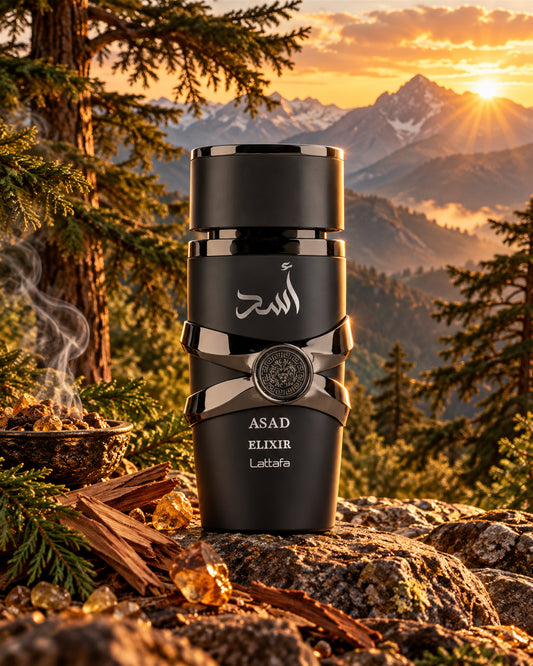 Asad Elixir Eau de Parfum de Lattafa – paisaje inspirado en sus notas
