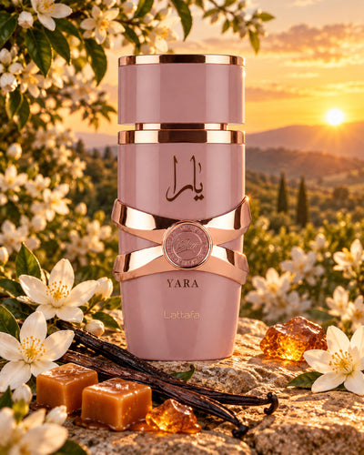 Yara Elixir Eau de Parfum de Lattafa – paisaje inspirado en sus notas