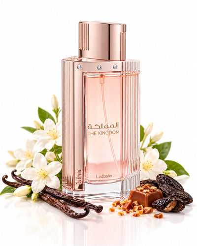 The Kingdom for Women Eau de Parfum de Lattafa – frasco con sus notas: praliné, jazmín, haba tonka