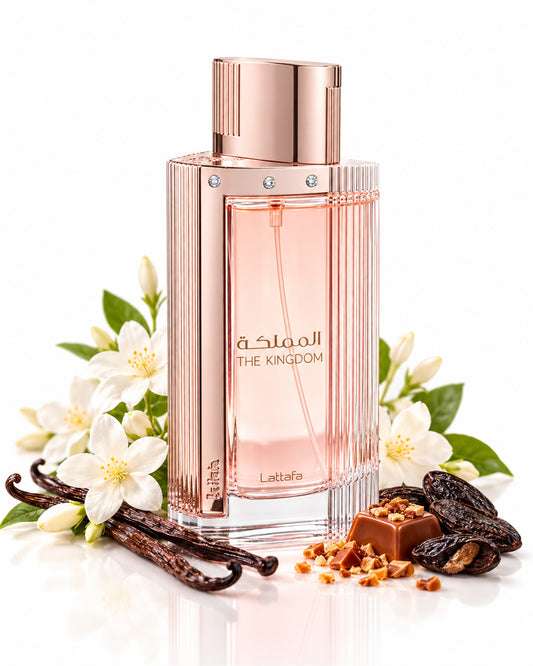 The Kingdom for Women Eau de Parfum de Lattafa – frasco con sus notas: praliné, jazmín, haba tonka