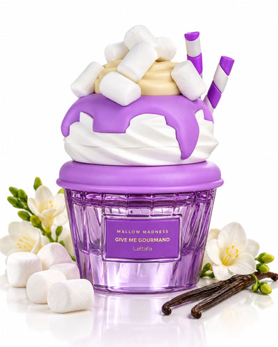 Mallow Madness Eau de Parfum de Lattafa – frasco con sus notas: malvavisco, fresia, crema batida