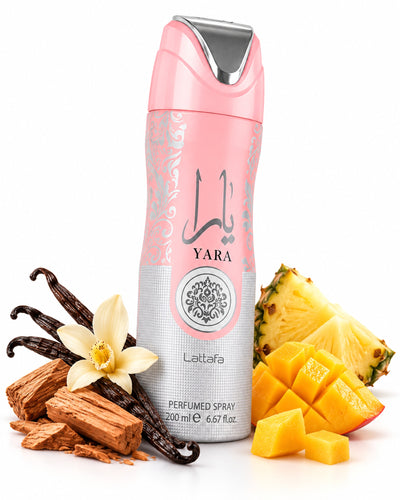 Yara Body Spray de Lattafa – frasco con sus notas: acorde gourmand, frutas tropicales, vainilla